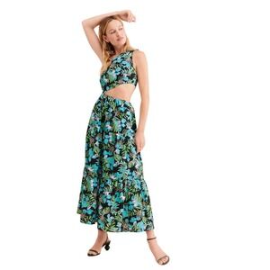 Moon River One Shoulder Tropical Floral Cutout Tiered Maxi Dress XS NEW
